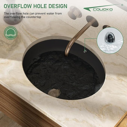20x16 Inch Black Oval Undermount Bathroom Sink | Interior Bowl Size 17"W x 14"D, Ceramic, Curved Bottom, Easy to Clean, with Overflow, Ideal for Bathroom, Lavatory, Vanity