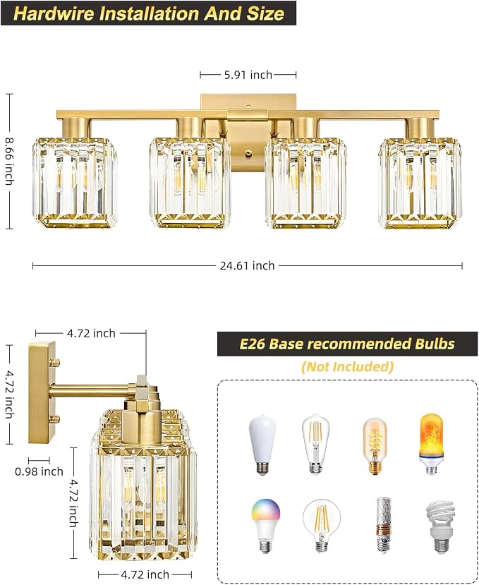4-Light Bathroom Light Fixtures, Modern Gold Crystal Wall Light for Bathroom,Lighting Fixtures Over Mirror