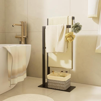Yawinhe Free Standing Towel Rack,2 Tier Blanket Holder with Shelf,Black | Towel Drying Rack with Marble Base;Tall Towel Drying Rack Outdoor; Metal Towel Stand for Bathrooms;Hand Holder for Bathroom