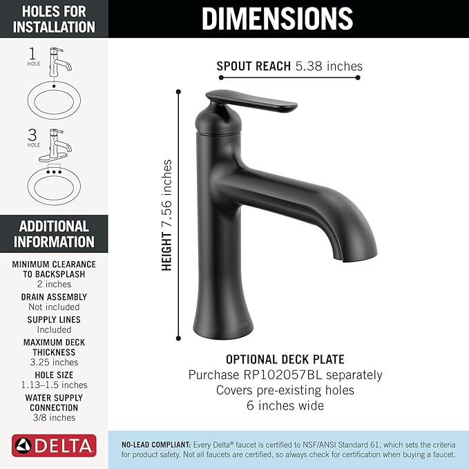 Delta Bonacci Matte Black Bathroom Faucet 1 Hole, Single Hole Bathroom Sink Faucet for Vanity, Matte Black 545-BLLPU-DST (Drain Not Included)