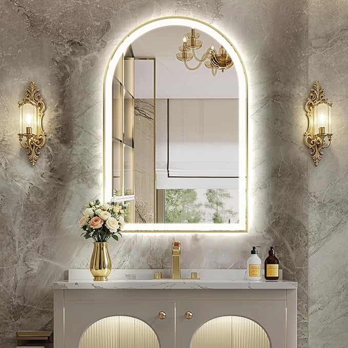 Arched LED Bathroom Mirror, 36"x24" Arch Backlit Vanity Mirror with Lights, Frontlit, Dimmable, 3 Colors, Memory Function, Anti-Fog Smart Mirror, Shiny Gold Frame, Shatterproof, UL Listed