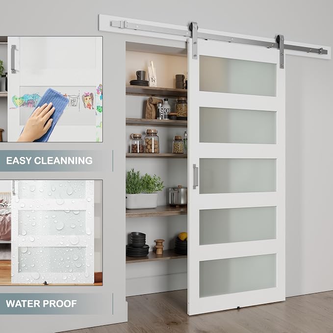 36'' x 84'' Glass Barn Door and 6.6FT Brushed Nickel Hardware Kit | MDF White Barn Door Slab with Frosted Glass, PVC Surface, Combined with Handle and Floor Guide-Assembly Required