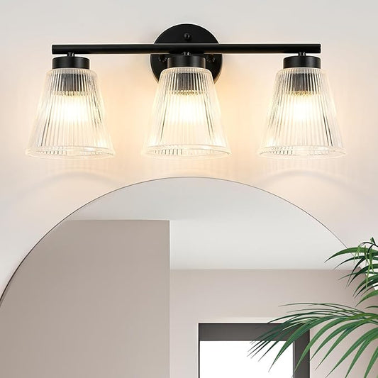 OCIOC Black Bathroom Vanity Lights, 3-Light Modern Bathroom Light Fixtures with Striped Glass Shade, Bathroom Wall Lamp over Mirror, for Living Room, Bedroom, Hallway,Cabinet Porch