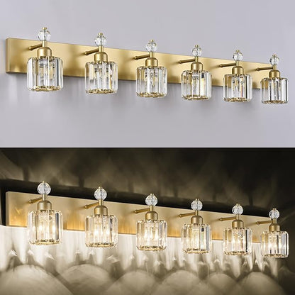 PRESDE Crystal 6 Light Bathroom Vanity Lights Gold Vanity Light for Bathroom Over Mirror Modern Wall Sconce