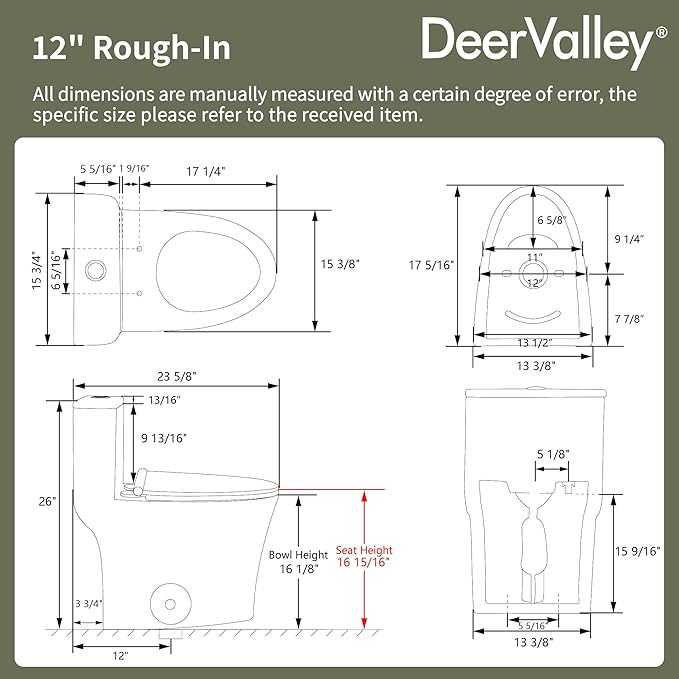 DeerValley Compact One-Piece Toilet 1.28 GPF Single Flush Fully Skirted Bowl with Soft-Close Seat White Space-Saving Elongated Toilets for Small Bathrooms