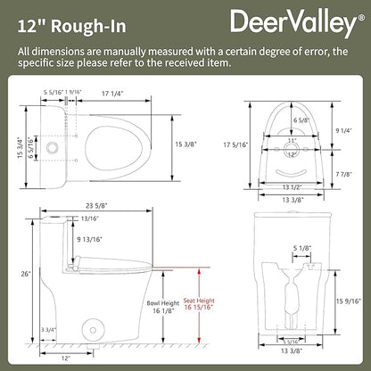 DeerValley Compact One-Piece Toilet 1.28 GPF Single Flush Fully Skirted Bowl with Soft-Close Seat White Space-Saving Elongated Toilets for Small Bathrooms