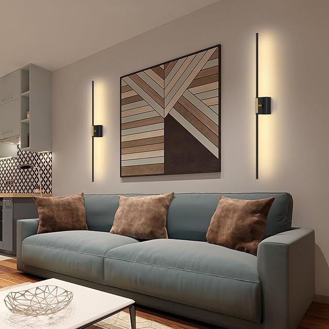 Battery Operated Wall Sconce Set of Two with Remote Control, 3000K-6000K Dimmable Black Gold Wall Lights, Timable LED Wireless Wall Sconces, 350° Ratate for Bathroom, Living Room, 39.4 Inch