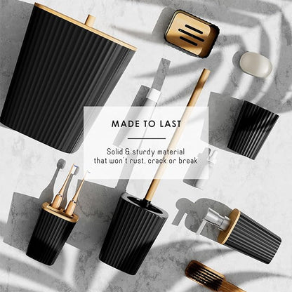Clara Clark Bathroom Set - Black Bathroom Accessories Set, 6PC Bathroom Accessory Set, Bathroom Sets with Adhesive Corner Shower Caddy Hanging, Toilet Brush, Trash Can & Soap Dispenser