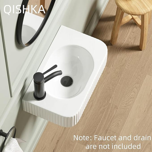 Wall Hung Bathroom Sink, QISHKA 17.5" X 11" Rectangular Floating Ceramic Wash Hand Basin White Wall Mount Vessel Sink for Small Bathroom and Small Cloakroom