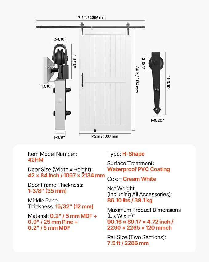 VEVOR Sliding Barn Door, 42 x 84 inch, High-Strength MDF Panel, Barn Door with Hardware Kit, Water-Proof PVC Surface, Easy to Install, H-Frame, Smoothly and Quietly Sliding for Living Room, Bathroom