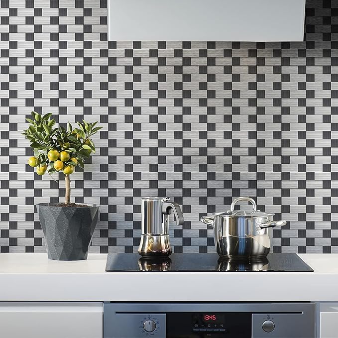 Art3d 10-Pack Metal Peel and Stick Backsplash Tile, Silver Aluminium | 12" x 12", Stainless Steel, Self Adhesive, Anti-Corrosion, Waterproof, Lightweight, Ideal for Kitchens, Bathrooms