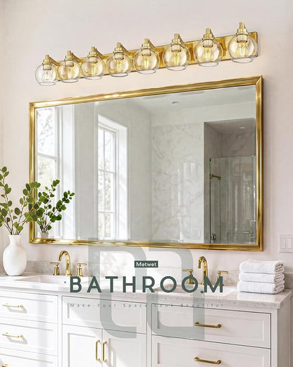 Bathroom Light Fixtures, 8 Light Brushed Gold Vanity Light, 52 Inch Modern Wall Sconces with Globe Clear Glass Shade, Vanity Lighting Fixtures Over Mirror, VL195-BG-8