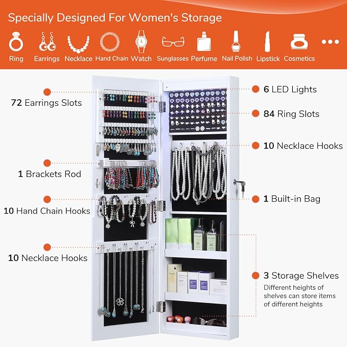 GISSAR Full Length Mirror Jewelry Cabinet, 6 LEDs Jewelry Armoire Wall Mounted Over The Door Hanging, Jewelry Organizer Display Storage Furniture with Lights Locker Mirrored Cabinet, 39.4" H, White