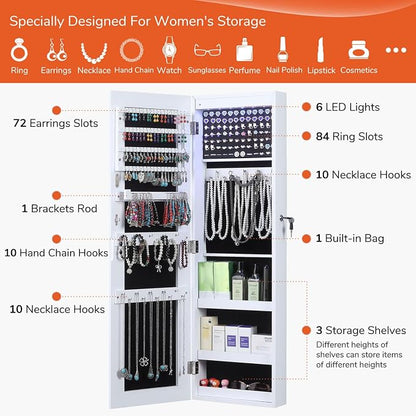 GISSAR Full Length Mirror Jewelry Cabinet, 6 LEDs Jewelry Armoire Wall Mounted Over The Door Hanging, Jewelry Organizer Display Storage Furniture with Lights Locker Mirrored Cabinet, 39.4" H, White