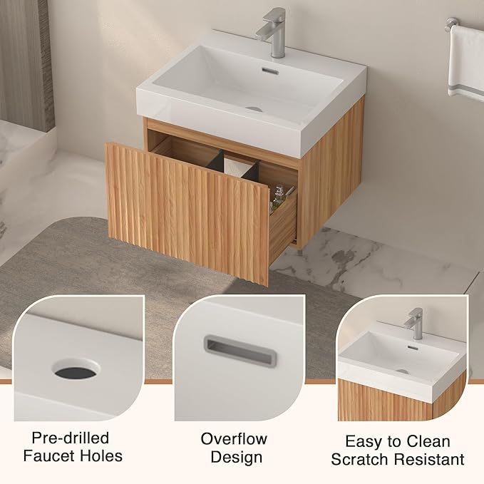 Floating Bathroom Vanity with Sink, Nature Soild Wood Cabinet with Ceramic Basin, Extra Large Storage Drawer & Pre-Assembled Vanities for Bathroom, Powder Room (Nature C Style, 24")