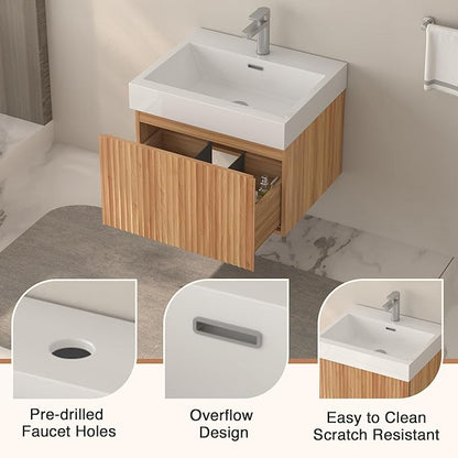 Floating Bathroom Vanity with Sink, Nature Soild Wood Cabinet with Ceramic Basin, Extra Large Storage Drawer & Pre-Assembled Vanities for Bathroom, Powder Room (Nature C Style, 24")
