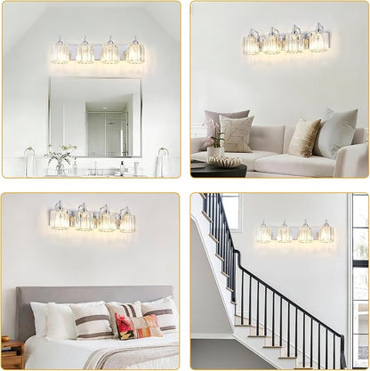 4-Light Modern Bathroom Light Fixture Chrome Bathroom Vanity Lights Over Mirror Wall Sconce Lighting with K9 Crystal Shades E26 Base for Bedroom, Living Room, Hallway, Cabinet Wall Lamp