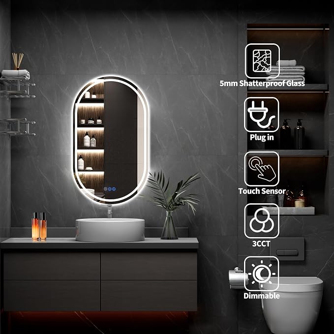 Oval LED Bathroom Mirror, 20"x 33" Frameless Lighted Mirror | LED Mirror with Front Light & Backlit, Anti-Fog, Dimmable Wall Mounted Lighted Mirror, Pill-Shaped Smart Bathroom Mirror