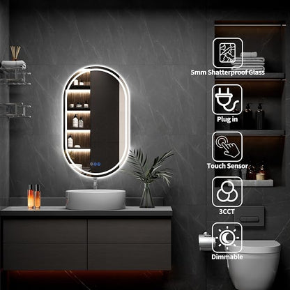 Oval LED Bathroom Mirror, 20"x 33" Frameless Lighted Mirror | LED Mirror with Front Light & Backlit, Anti-Fog, Dimmable Wall Mounted Lighted Mirror, Pill-Shaped Smart Bathroom Mirror