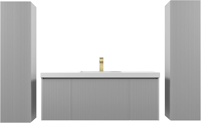 Blossom 48 Inch Bathroom Vanity with Sink and 2 Side Cabinets, All Wood Wall Mounted Floating Bathroom Vanity Cabinet with Acrylic Sink, Soft-Close Drawers, Bathroom Vanities, Light Grey