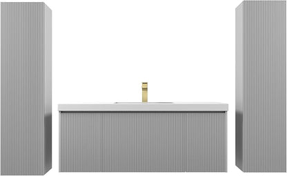 Blossom 48 Inch Bathroom Vanity with Sink and 2 Side Cabinets, All Wood Wall Mounted Floating Bathroom Vanity Cabinet with Acrylic Sink, Soft-Close Drawers, Bathroom Vanities, Light Grey