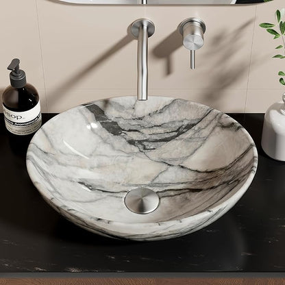 KES 16 x 13 Inch Oval Marble Pattern Vessel Sink Above Counter, Ceramic Porcelain Bathroom Sink Bowl for Vanity Countertop, Modern Look, No Overflow, Sink Only, BVS124-MG