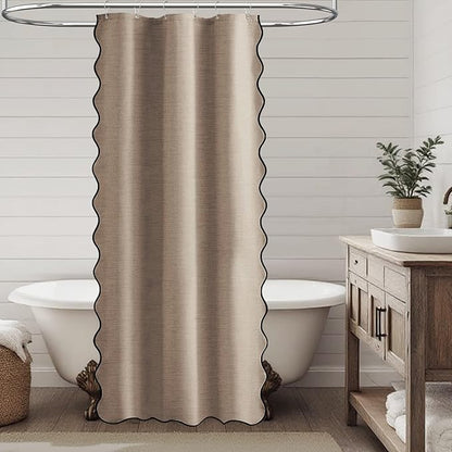 BTTN Boho Stall Shower Curtain, 36×72 Scalloped Linen Textured Heavy Duty Fabric Shower Curtain Set with 6 Hooks, Half Modern Rustic Farmhouse Waterproof Cloth Shower Curtains for Bathroom, Tan/Taupe
