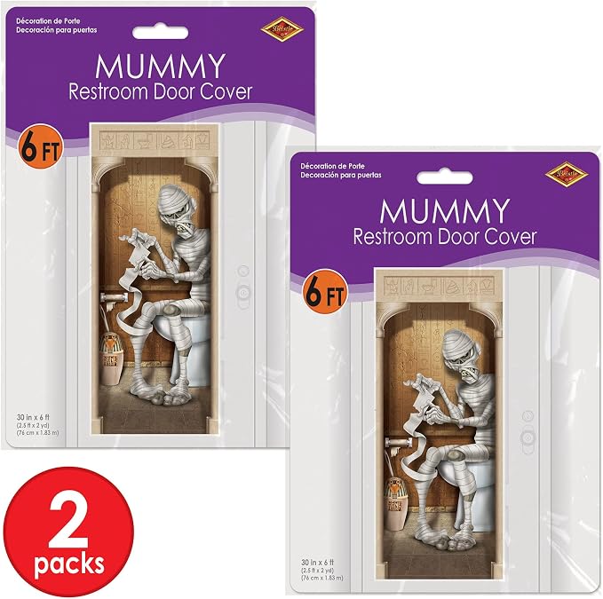 Beistle 2-Pack Mummy Restroom Door Covers, Spooky Halloween Bathroom Decorations, All-Weather Plastic for Haunted House and Trick-or-Treat, 5’ x 30”