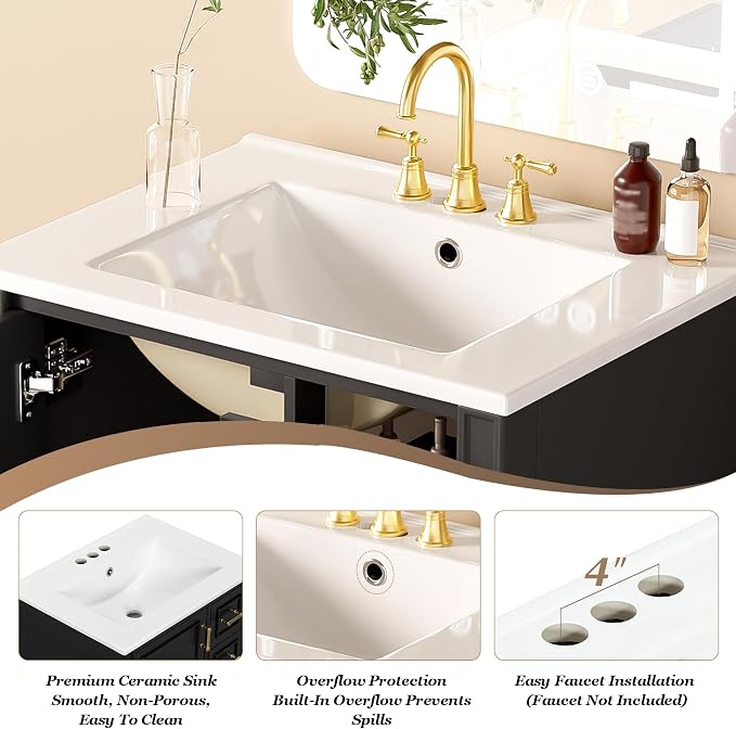 24 Inch Modern Bathroom Vanity with Ceramic Sink, Freestanding Bathroom Cabinet with Soft-Close Door, 3 Drawers, Gold Handles & Door-Mounted Storage Rack, Solid Wood & MDF, Black