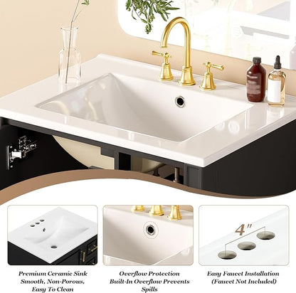 24 Inch Modern Bathroom Vanity with Ceramic Sink, Freestanding Bathroom Cabinet with Soft-Close Door, 3 Drawers, Gold Handles & Door-Mounted Storage Rack, Solid Wood & MDF, Black
