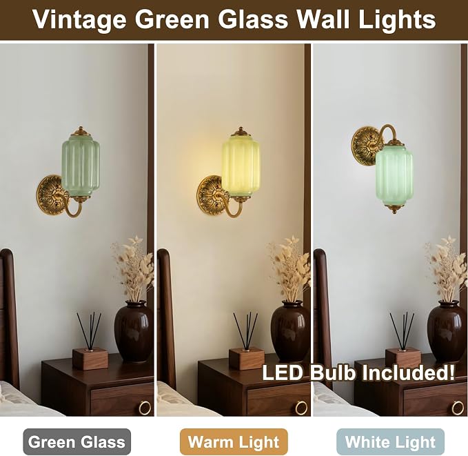 Green Glass Sconce Set of 2 Vintage Vanity Sconces Bulb Included | Green Glass Art Deco Antique Wall Sconce Wall Light for Bedroom Bathroom Living Room Entryway Antique Retro and White 2 Pack