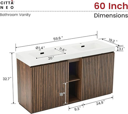 60" Bathroom Vanity with Double Sink, Freestanding Double Sink Bathroom Vanity with White Engineered Stone Top, Open Storage Cabinet & Adjustable Shelf, 4 Soft-Closing Doors, Walnut
