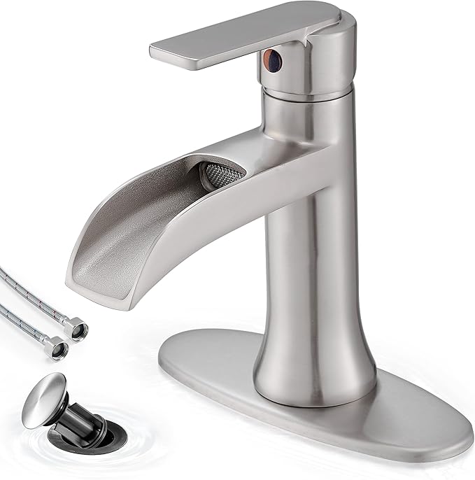 Bathroom Waterfall Faucet Single Handle, Brushed Nickel Faucet Bathroom Brass 1 Hole or 4 Inch 3 Hole Bathroom Sink Faucet, Restroom Faucets for Sink with Drain & Deck Plate for Hotel Apartment