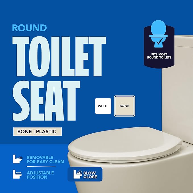 Highcraft B4TSPR Round Plastic Toilet Seat Slow Close ? Easy Remove, Bone