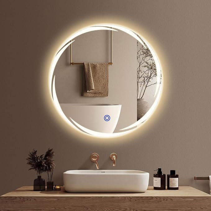 Bathroom Smart Mirrors with Three Color LED Lights,20”x20 Bath Round Mirror,Backlit + Front Lit Temperature Brightness Settings-Wall Mounted Lighted Bathroom Vanity Mirror