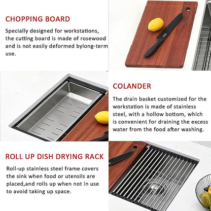 COMLLEN 33 Inch Double Bowl Undermount Kitchen Sink,33x19 Inch Workstation 16 Gauge Stainless Steel Double Kitchen Sinks with Cutting Board,9 Inch Deep Sink Maximizes Space Efficiency