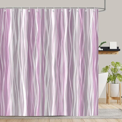 Moonslim Pink Grey Ombre Shower Curtain, Modern Wavy Abstract Striped Line Bathroom Curtain, Waterproof Fabric Bath Decor, 72 x 72 Inch