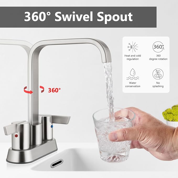 Brushed Nickel Waterfall Bathroom Faucet 4 Inch Centerset,2-Handle | Stainless Steel 3-Hole Deck-Mount Design Includes Supply Lines and Pop-Up Drain for a Complete Vanity Installation