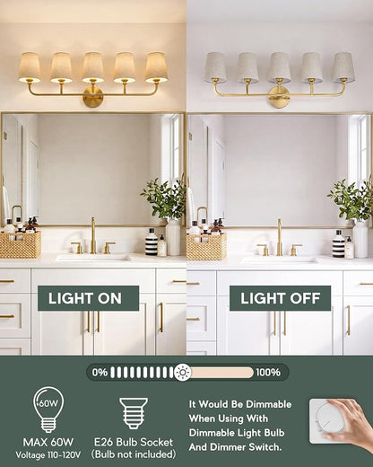 5-Light Brushed Gold Bathroom Vanity Light, Brown Linen Fabric Shade | 35 Inch gold bathroom light fixture over mirror, UL listed, E26 bulbs, hardwired, upward only, VL837-BG-L-5