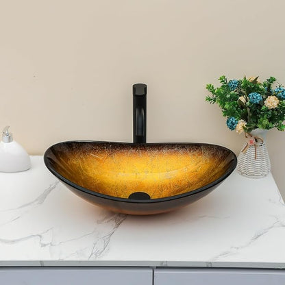 Sarlai Boat Shape Bathroom Vessel Sink with Black Faucet and Pop-up Drain Set 21x14 Inch Modern Artistic Tempered Glass Basin Countertop Bowl Sink for Lavatory Vanity Cabinet