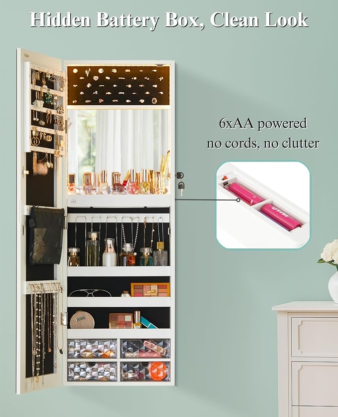 LUXFURNI Wall & Door‑Mounted Storage Jewelry Armoire Cabinet with Mirror | Built‑in LED Mirror, Acrylic Lipstick Tray, 4 Clear Drawers, Large Velvet‑Lined Storage, Wall & Door‑Mounted, Lockable