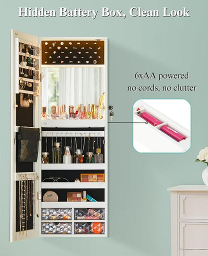 LUXFURNI Wall & Door‑Mounted Storage Jewelry Armoire Cabinet with Mirror | Built‑in LED Mirror, Acrylic Lipstick Tray, 4 Clear Drawers, Large Velvet‑Lined Storage, Full Length Mirror Lockable