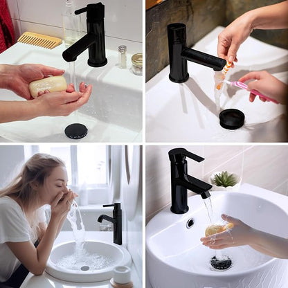 Hibbent 2 Pack All Metal Upgraded Bathroom Sink Stopper, Universal Pop Up Sink Drain Strainer, Brass Bullet Core Push Type Sink Stopper for 1.1''~2.3''' Basin, Anti Clogging Drain Filter, Matte Black