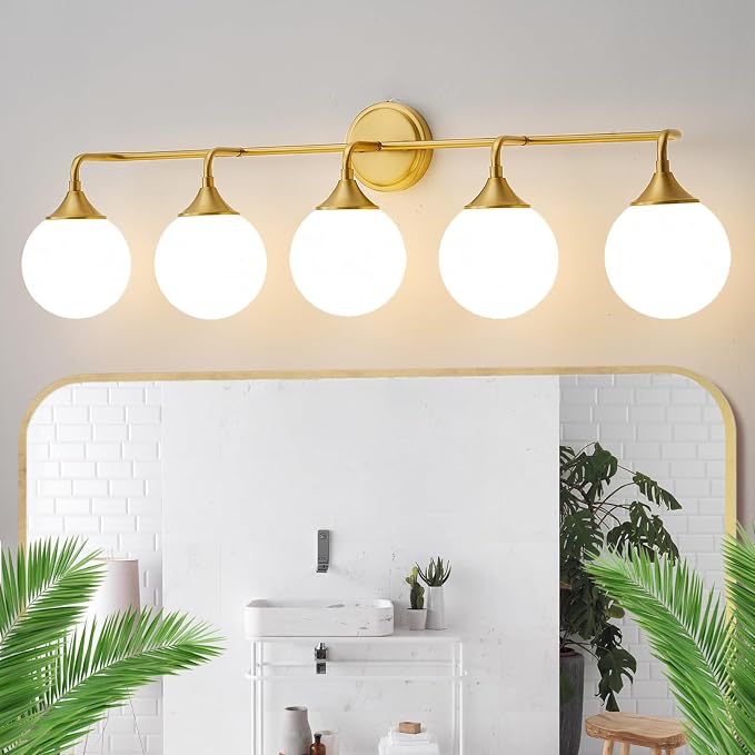 Brushed Gold Bathroom Light Fixtures Over Mirror Vanity 5-Light | Mid Century Modern Brushed Gold Wall Sconce with Milky White Glass Ball Shades for for Bathroom Dressing Table Bedroom
