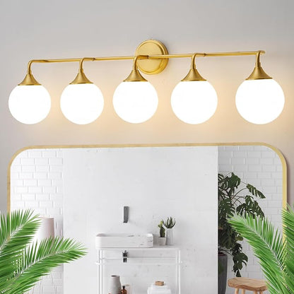 Brushed Gold Bathroom Light Fixtures Over Mirror Vanity 5-Light | Mid Century Modern Brushed Gold Wall Sconce with Milky White Glass Ball Shades for for Bathroom Dressing Table Bedroom