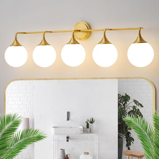 Brushed Gold Bathroom Light Fixtures Over Mirror Vanity 5-Light | Mid Century Modern Brushed Gold Wall Sconce with Milky White Glass Ball Shades for for Bathroom Dressing Table Bedroom
