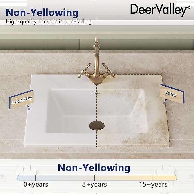 DeerValley 21"x18" Drop-In Bathroom Sink Ceramic Rectangle Vessel Sink with Overflow Vanity Bathroom Vessel Sink Bowl