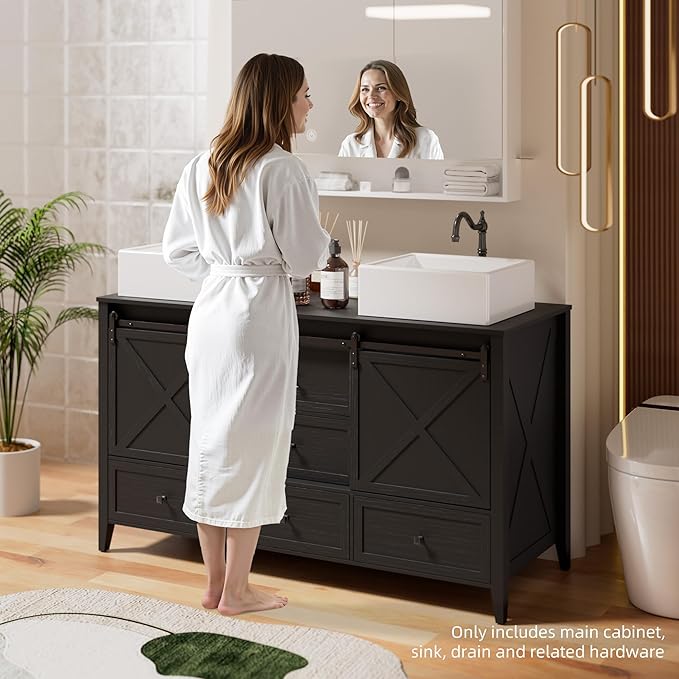VNN Bathroom Vanity with Sink - 60 Inch Bathroom Vanity Double Sink Ceramic, Freestanding Cabinet with 2 Farmhouse Sliding Barn Doors and 5 Drawers, Space-Saving Storage Cabinet, Black Wood Grain
