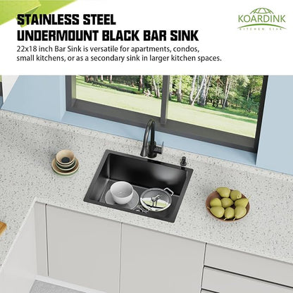 Black 22x18 In Undermount Kitchen And Bar Sink- Stainless Steel Single Bowl Kitchen Sink Modern Drop In Bar Sink With Silicon Mat,Drain Strainer Set Compatibility With Various Kitchen & Bar Style