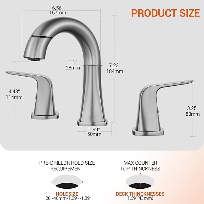 Brushed Nickel Bathroom Faucet with Sprayer - Rotatable Bathroom Faucets for Sink 3 Holes, 8In Widespread Bathroom Pull Down Faucet, 2-Handle Vanity Faucet with Pull Out Sprayer 360 Swivel